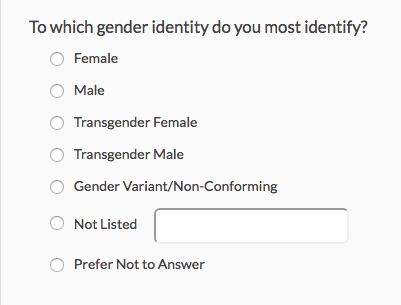 Example of a gender selector on a survey, the options are: male, female, transgender male, transgender female, gender variant, not listed, prefer not to say