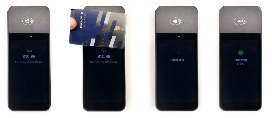 Physical WisePOS E device transitions to payment acceptance once you confirm a payment; tap your test card to authorize the payment