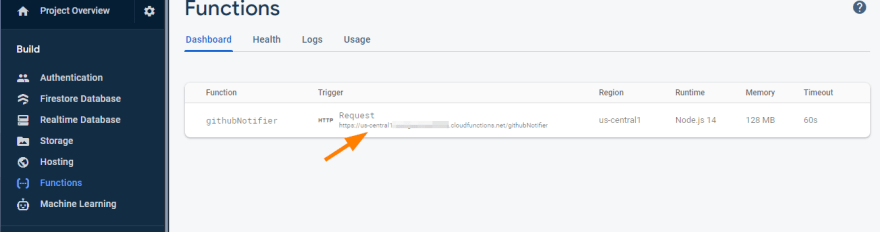 screenshot of firebase web console