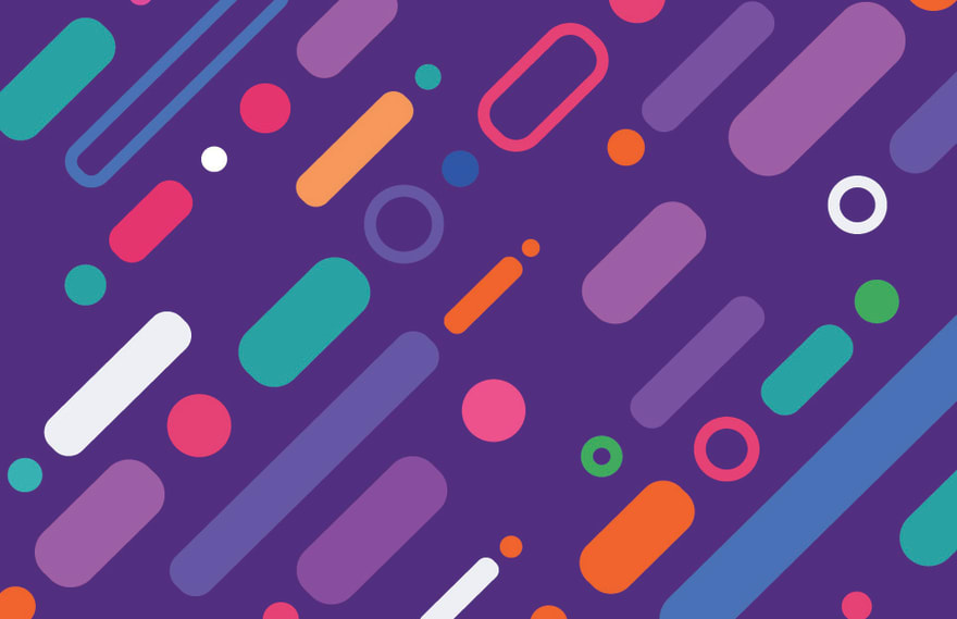 Dark purple background with 45 degree rounded rectangles, hollow circles with thick outlines and filled circles with multiple colours that are bright and vibrant.