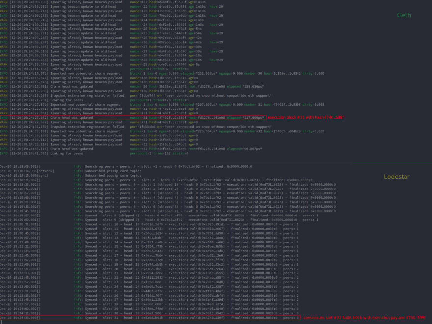 Terminal Screenshot showing Geth execution blocks matching the Lodestar consensus payload