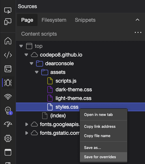 context menu on a file of the page showing a save for overrides message