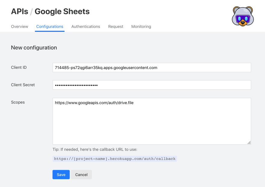 Configuring the Google Sheets API in Pizzly
