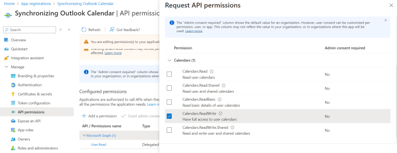 Request Outlook Calendar API permission