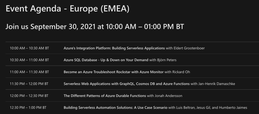 Schedule for the Azure Serverless Conference: Europe Edition