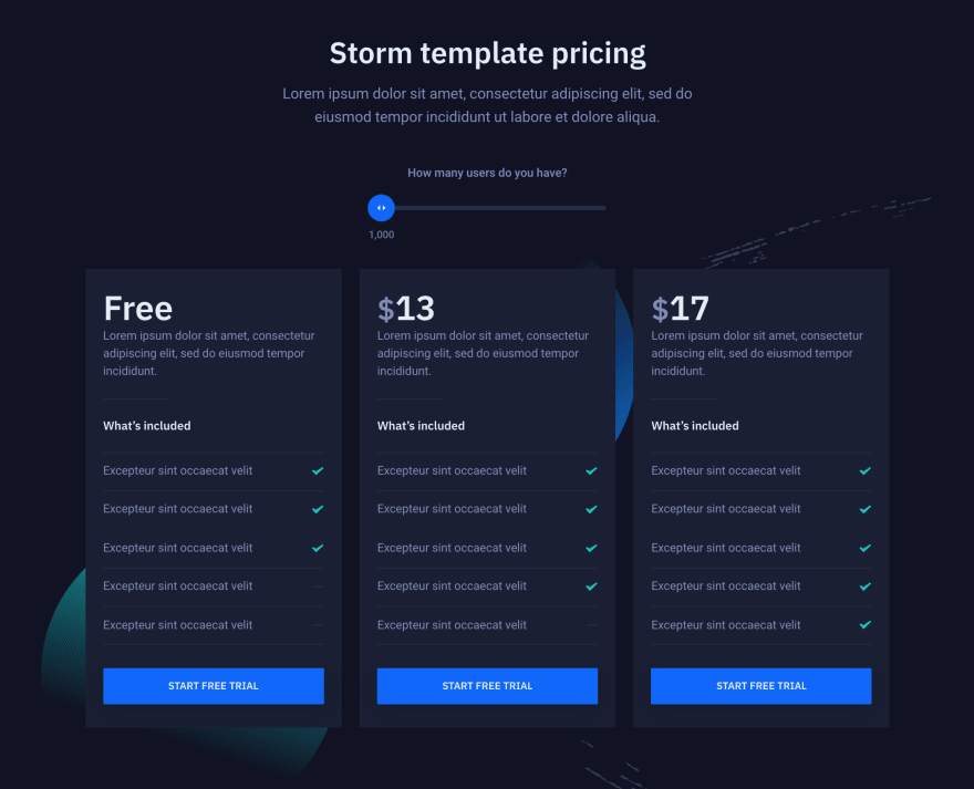 Pricing component from Storm template