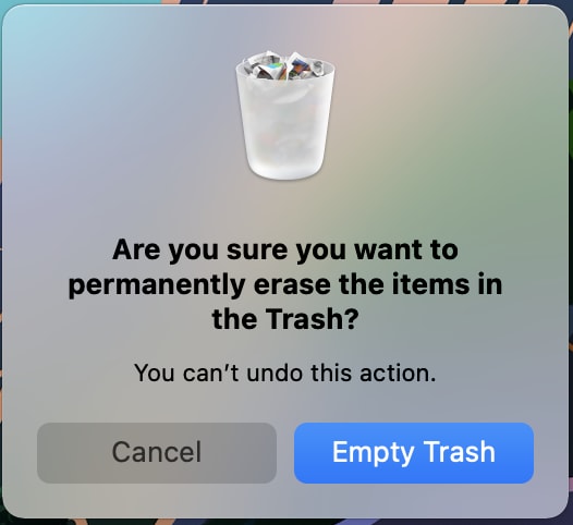 Screenshot of mac dialog box. "Are you sure you want to permanently erase the items in the Trash. you can't undo this action.