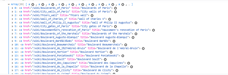 Screenshot of console.log(links)