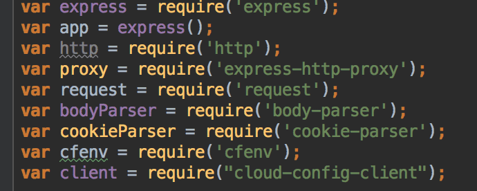 Code set up in app.js file showing the cloud-config-client requirement