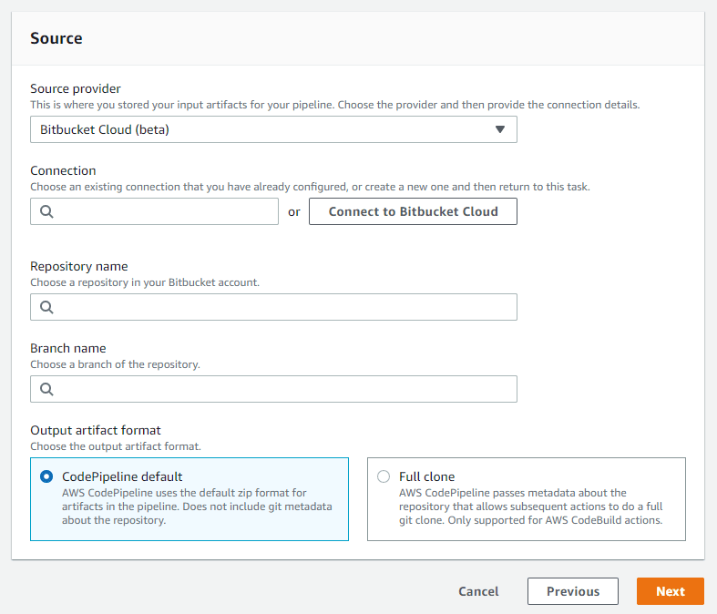 AWS CodePipeline source settings with bitbucket added