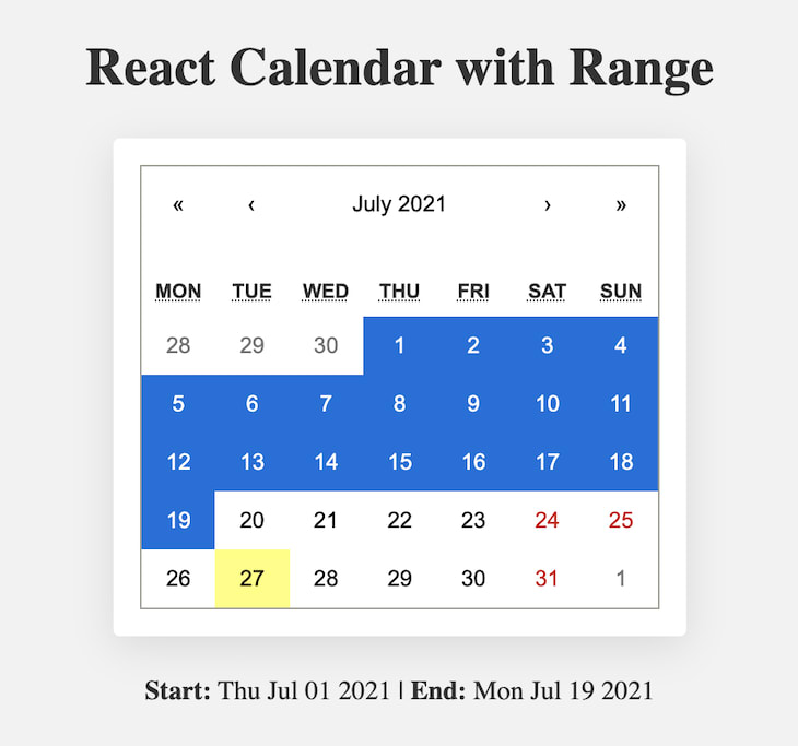 Calendar With A Range Of Dates Highlighted In Blue