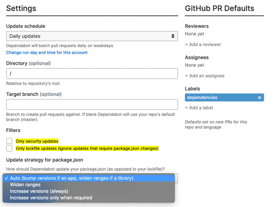 Dependabot main settings