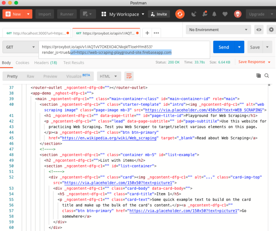 Scrape HTML from a Javascript website with Proxybot API service