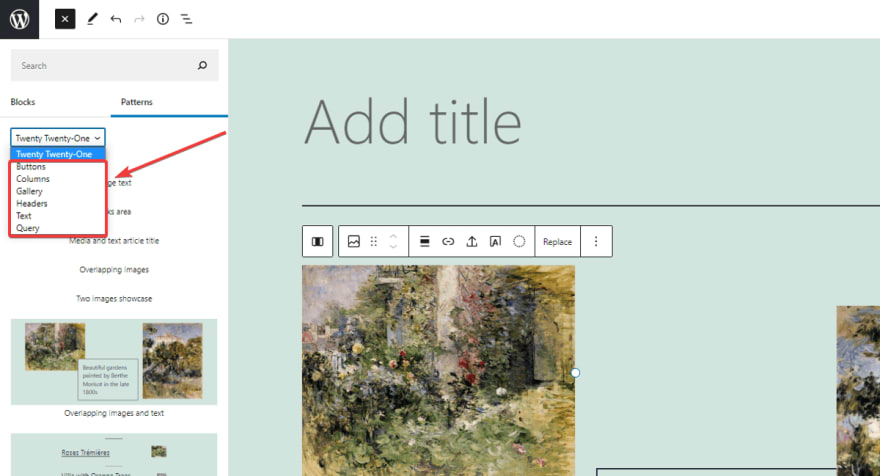 Patterns are layouts made from blocks, pre-made for the section like product gallery, article list, header, ... 