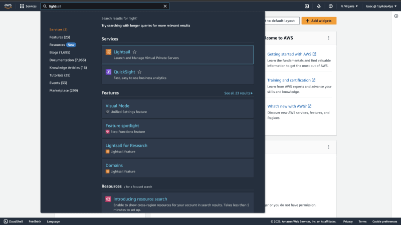 AWS Console search for lightsail