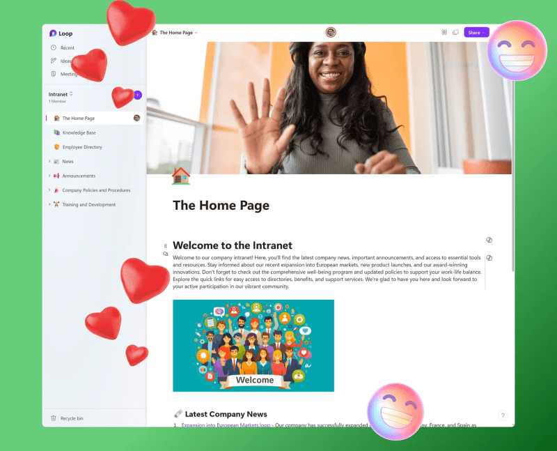 The landing page of the intranet built in Microsoft Loop