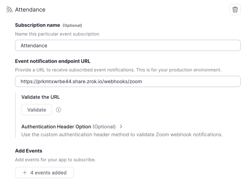Zoom webhooks app configuration form with the "Subscription name" set to "Attendance", "Event notification endpoint URL" set to a proxy URL ending in "/webhooks/zoom"