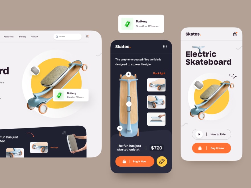by [Rylic Studio](https://dribbble.com/shots/17983807-Electric-Skateboard-Product-Landing-Page)