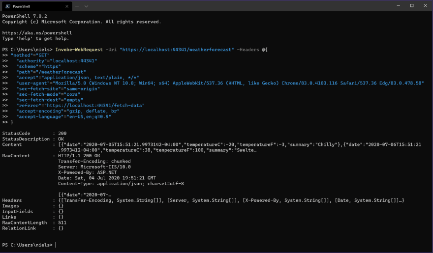 Screenshot of PowerShell script execution of the HTTP Request in a PowerShell window