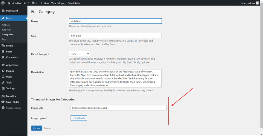 go to a Category Editor page, you will see the custom fields for thumbnails and featured images