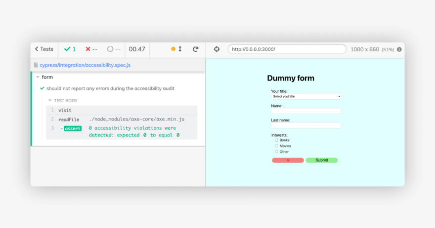 Cypress Test Runner with passing accessibility audit