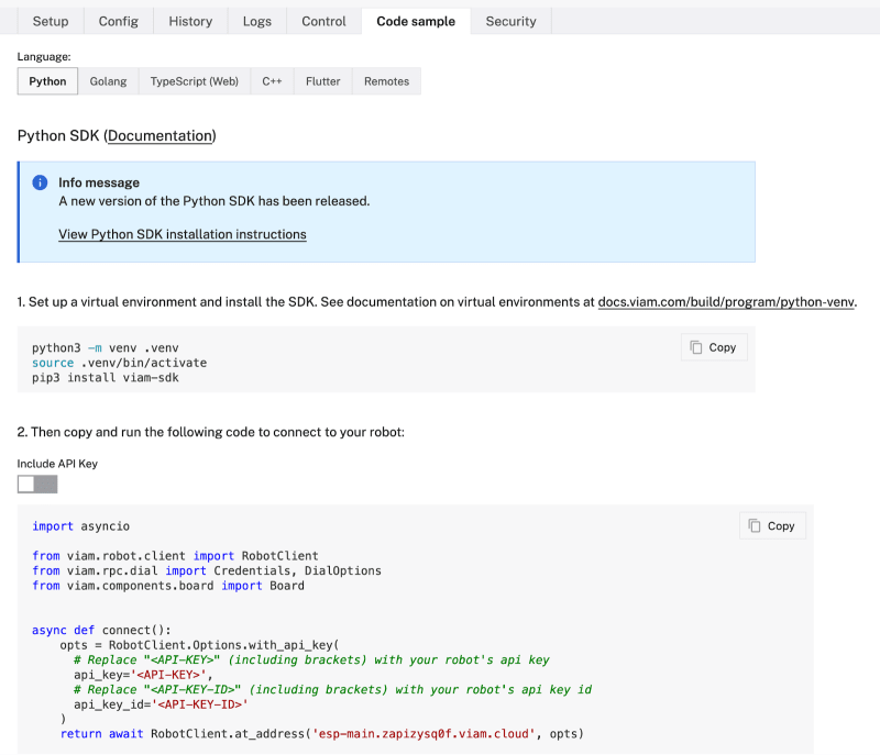 Viam web application displaying a Python code sample for connecting to the ESP32 microcontroller