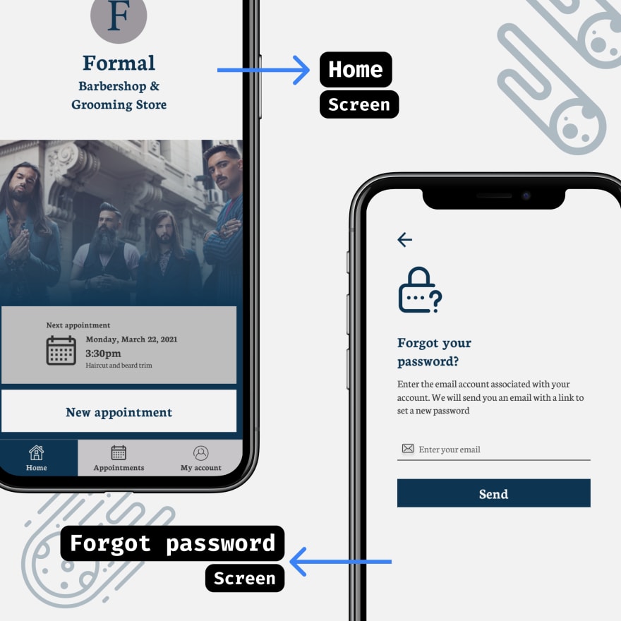 Formal Barber booking app - Home and Forgot Password screens