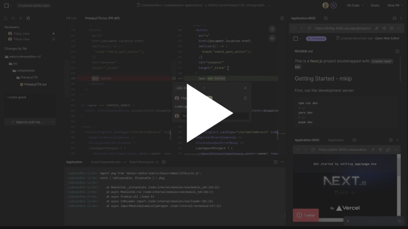 Preview of video showing the code review flow in CodeSandbox