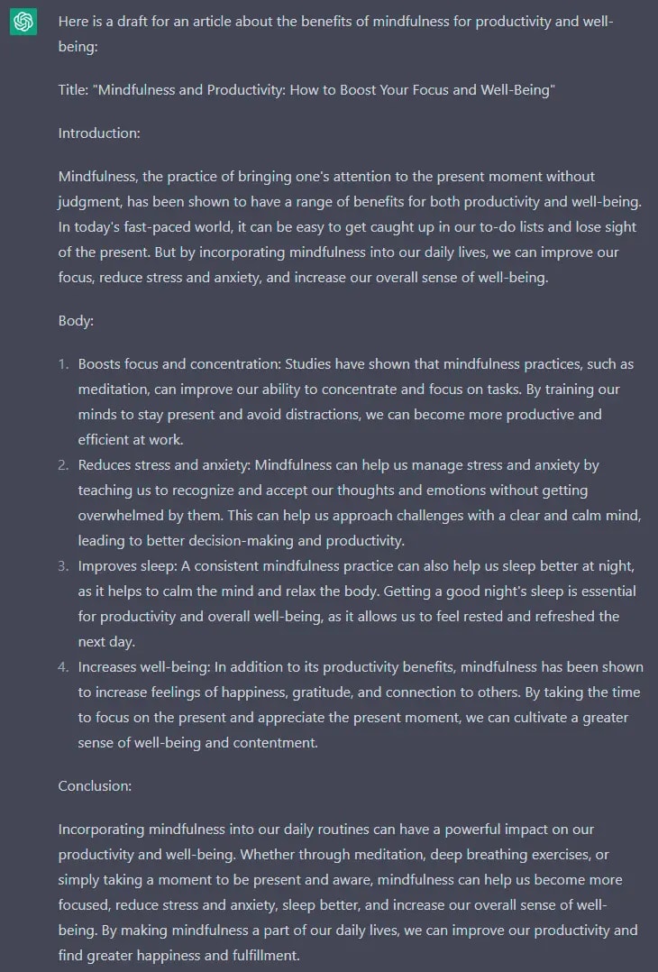 Improve Your Workflow With ChatGPT - result of generate an article draft