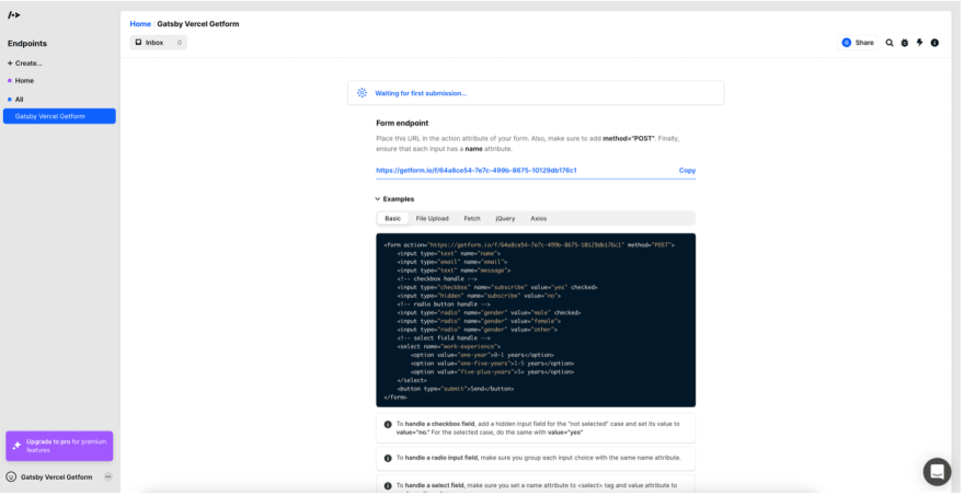 Getform Endpoint Overview Page