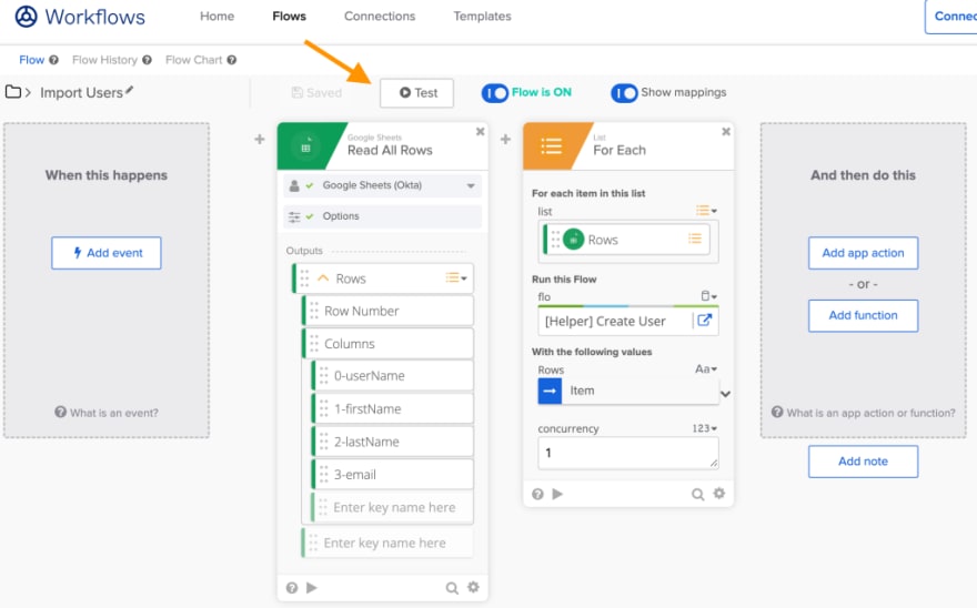 Running a flow with the Test button