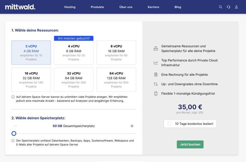 Screenshot mittwald product configurator