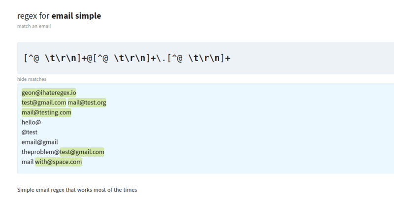 iHateRegex preview for email pattern