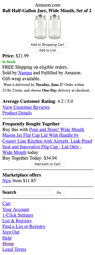 A product page for two mason jars in glorious Web 1.0 style. Times New Roman on a blank backdrop, and the only formatting is centering the image and Add buttons and some horizontal rules.