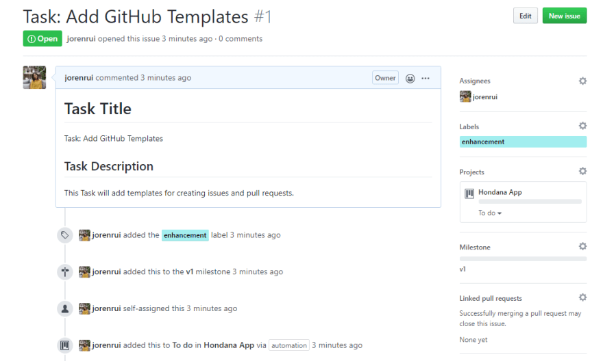 A GitHub task issue