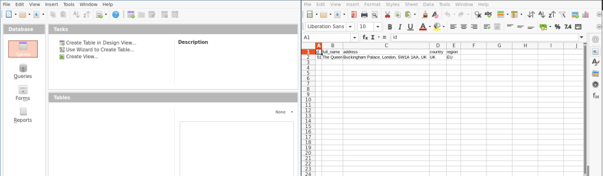 Spreadsheet of data alongside database instance