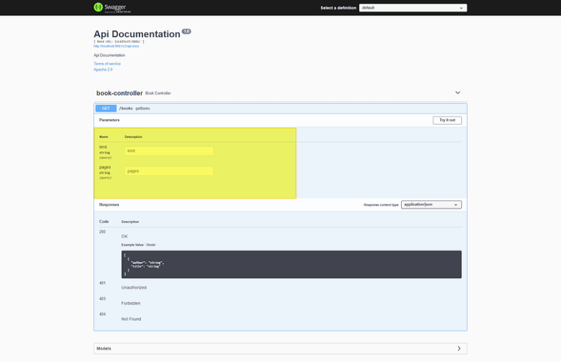 Swagger UI displaying the query parameters wrote in Docket and applied to all controllers of the project
