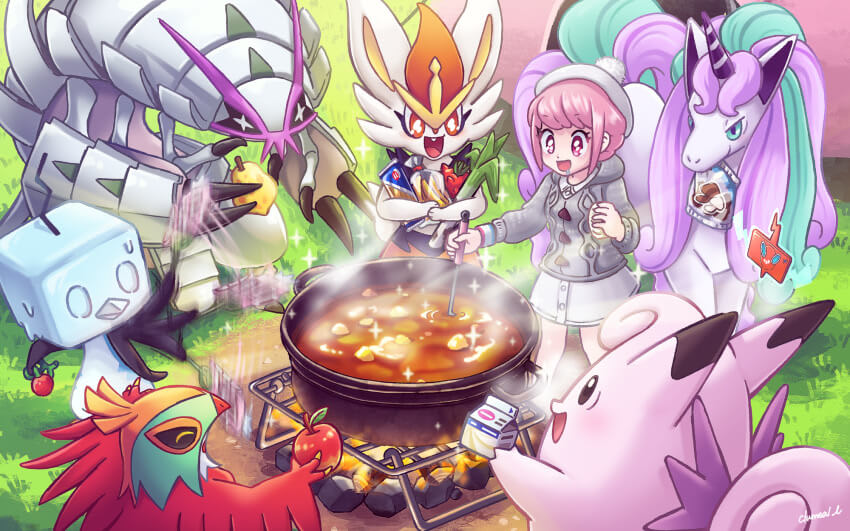 A trainer and several pokemon gathering around a freshly-made **** of curry.