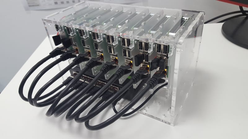 Photograph of a C4Labs Cloudlet Cluster Case, holding a Raspberry Pi cluster