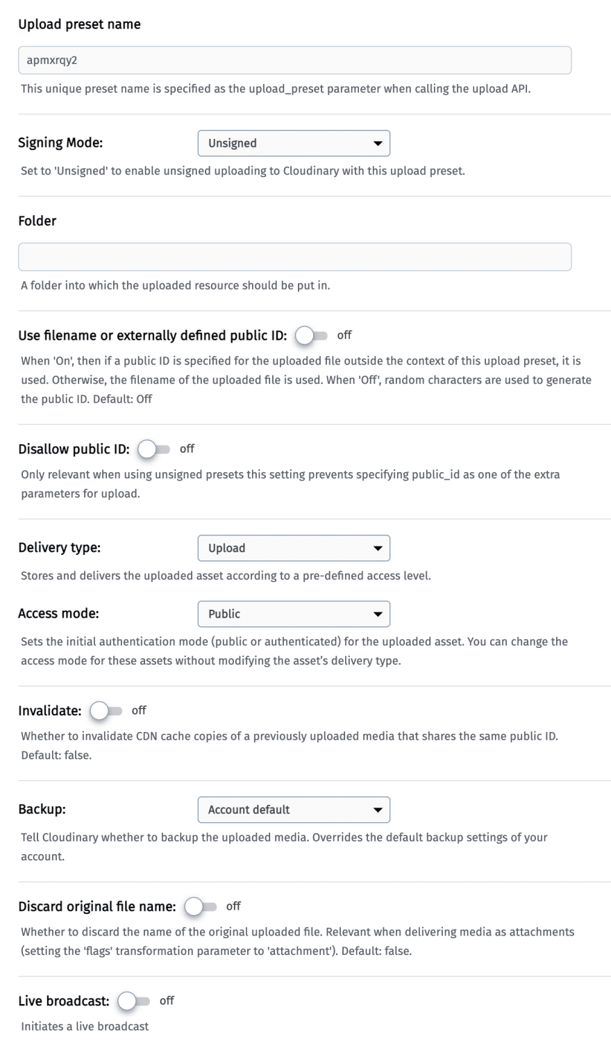 Cloudinary Upload Preset creation