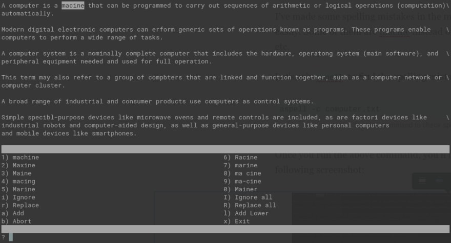 aspell command to find spelling mistakes in a file