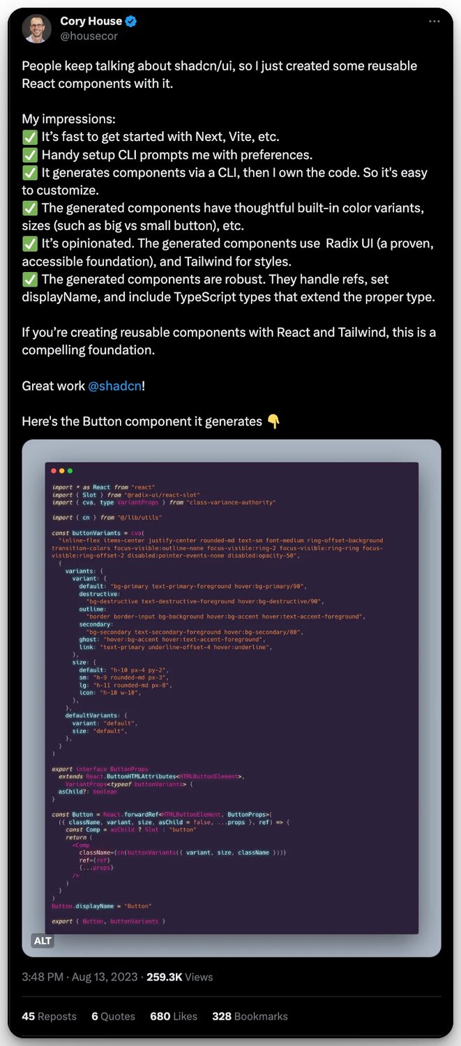 a screenshot of a Cory house post about shadcn/ui on x.