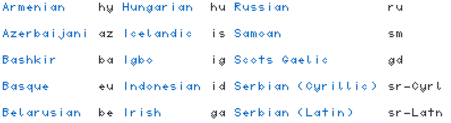 Some available languages and codes