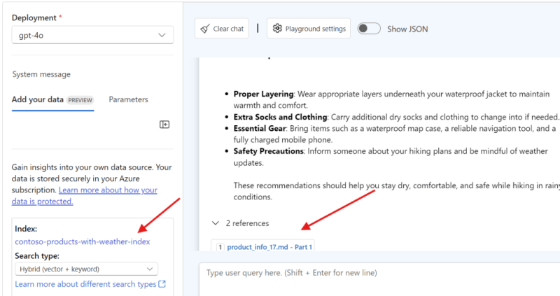 Azure AI Studio showing the query in the chat showing the related docs