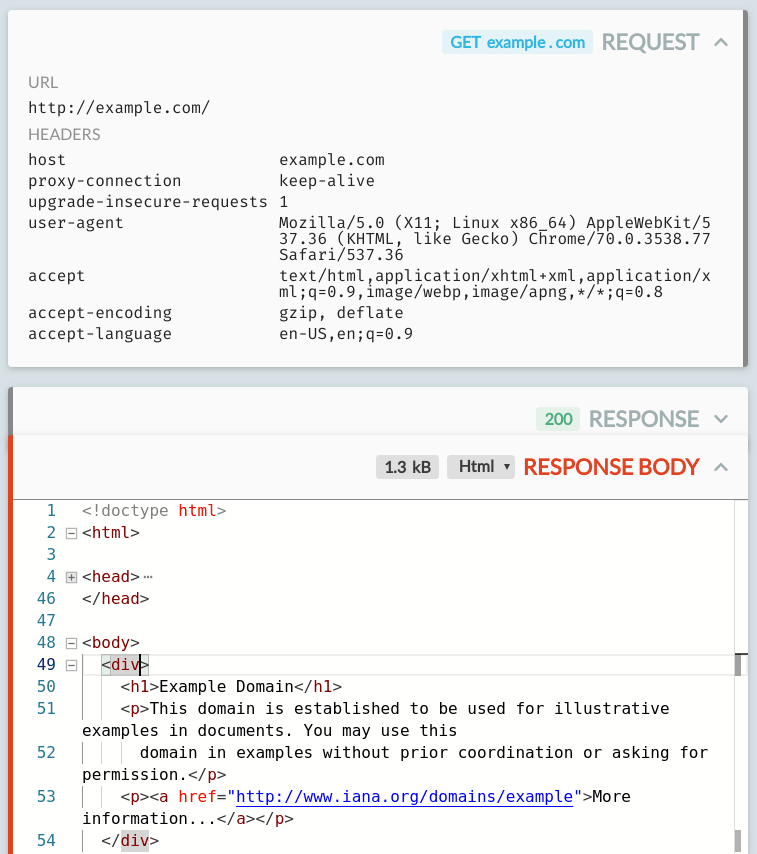 An example HTTP exchange's details