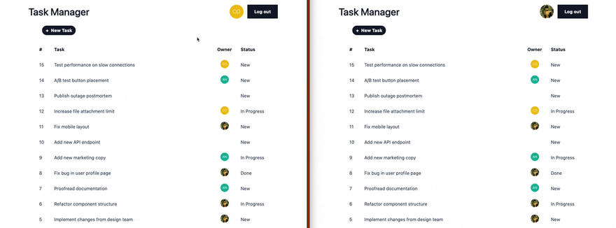 Screen capture of two separate users navigating to the Task Manager app in two windows side-by-side. In the left window, one user adds a new task titled “Reactively load data”. In the right window, another user is viewing the task list, and sees the new task appear instantly when the first user saves the new task. 
