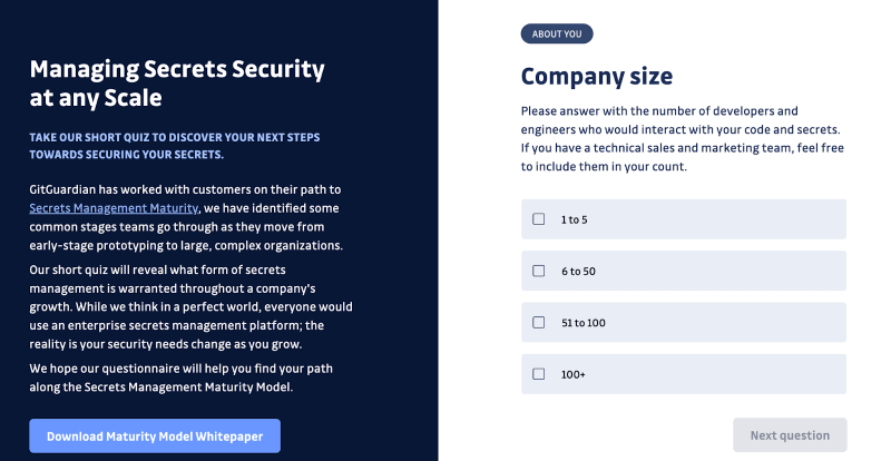 The top of the Secrets Management quiz page