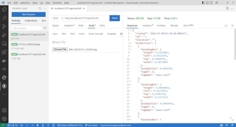 thunderclient demo calling a local azure function