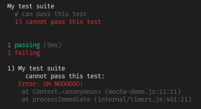 Screenshot of the expected output of a failed Mocha test.